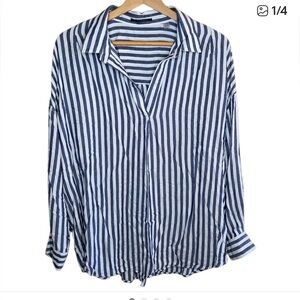 T Tahari | Denim Blue & White Striped V-neck Collared Popover Shirt Size XL